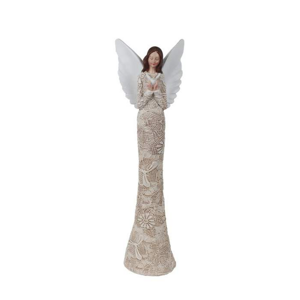 Anděl dívka s ptáčkem a květovými šaty polyserinová krémová 25cm