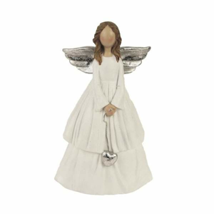 Anděl dívka se srdcem polyresin bílo-stříbrná 15,5cm