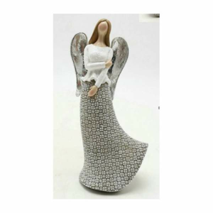 Anděl dívka stojící polyresin šedo-bílá 18,5cm
