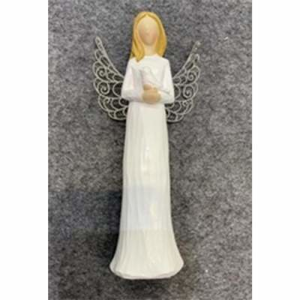 Anděl dívka stojící s holubicí drátpolyresin bílá 15cm