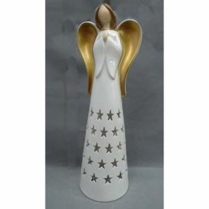 Anděl dívka svíticí dekor hvězdy LED porcelán zlato-bílá 44,5cm