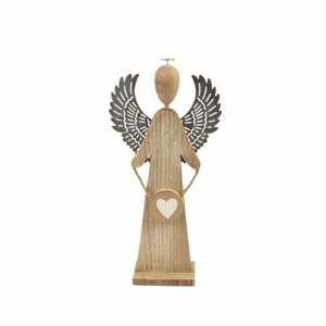 Anděl na podstavci dekor srdce dřevo/kov přírodní-stříbrná 26,5cm