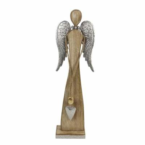 Anděl na podstavci dekor srdce dřevo/kov přírodní-stříbrná 53cm