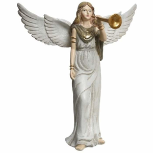 Anděl polyresinová dívka s trubkou 15-15,5cm krémový mix rozložená křídla