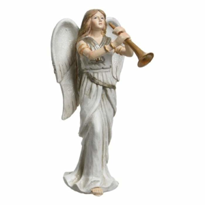 Anděl polyresinová dívka s trubkou 15-15,5cm krémový mix složená křídla