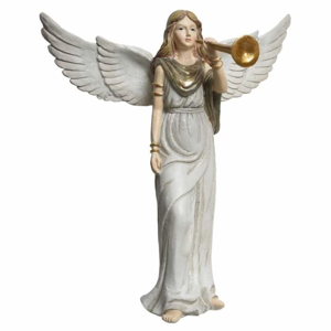 Anděl polyresinová dívka s trubkou 54-58cm krémový mix rozložená křídla