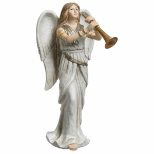 Anděl polyresinová dívka s trubkou 54-58cm krémový mix složená křídla