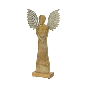 Anděl stojící dřevěný se stříbrnými křídly 25cm