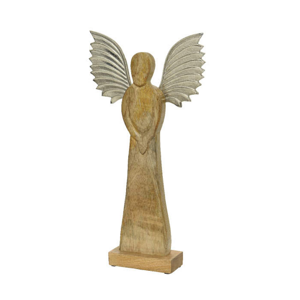 Anděl stojící dřevěný se stříbrnými křídly 44cm