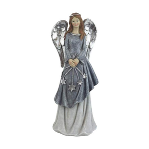 Anděl stojící s hvězdami polyresinový stříbrno-čedý 25,5cm