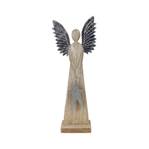 Anděl stojící s hvězdou dřevěno-kovový s glitry šedo-přírodní 25,5cm