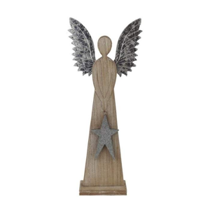 Anděl stojící s hvězdou dřevěno-kovový s glitry šedo-přírodní 45cm