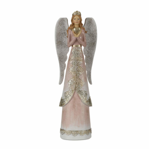 Anděl stojící s korunkou růžový polyresin 25,5cm