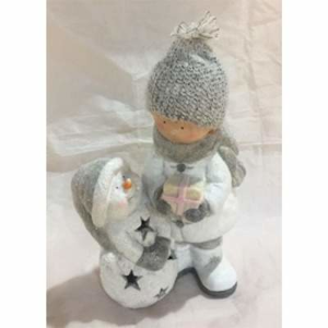 Chlapec se sněhulákem keramika s glitry bílo-šedá 41cm
