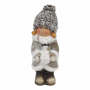 Dívka stojící se sněhovou koulí a čepicí keramika šedá/hnědá 12cm