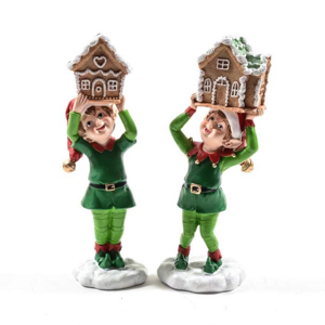 Elf stojící s perníkovou chaloupkou polyresinový mix zeleno-červený 23,5cm