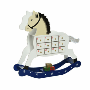 Kalendář adventní dřevěný houpací kůň bílo-modrý 32cm