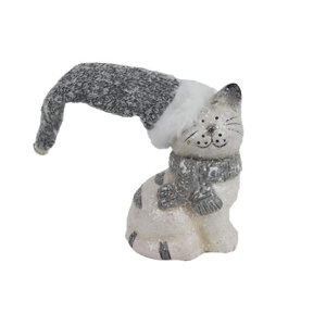 Kočka keramická sedící s čepicí a šálou 10cm