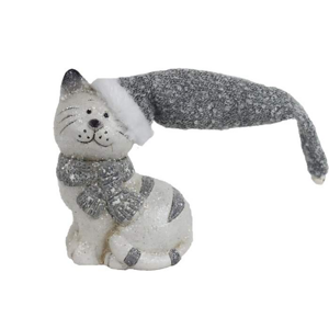 Kočka keramická sedící s čepicí a šálou 13cm