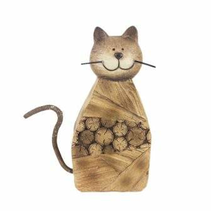 Kočka sedící dekor kulatina dřevo/kov hnědá 22cm