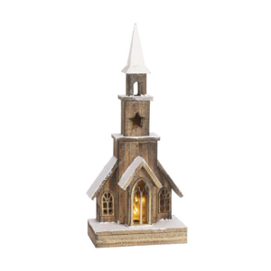 Kostel dřevěný s LED světlem na baterie hnědý 48cm