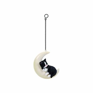 Kotě spící na měsící závěs polyresin bílo-černá 13cm
