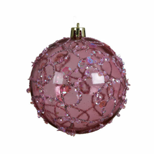 Koule plastová dekor ornamenty glitry a flitry růžová 8cm