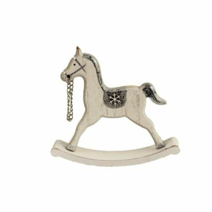 Kůň houpací dekor vločka dřevo bílo-stříbrná 16cm