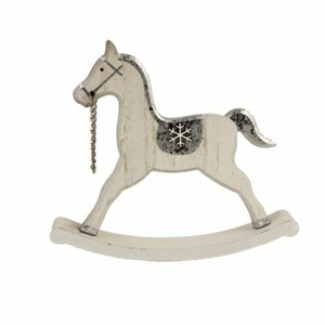 Kůň houpací dřevěný s dekorem vločky bílo-stříbrný 20cm