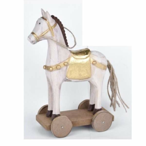 Kůň na kolečkách dřevěný bílo-zlatý 19cm