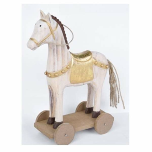 Kůň na kolečkách dřevěný bílo-zlatý 25cm