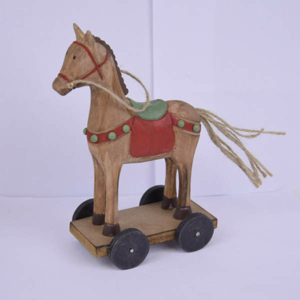 Kůň na kolečkách dřevěný přírodní-červený 19cm
