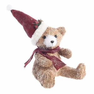 Medvěd sedící ve vánoční čepicí a šále z šustí 23cm