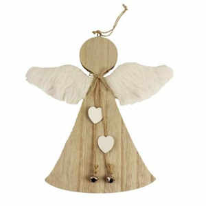 Ozdoba anděl dřevěný s peřím přírodní-bílá 25cm