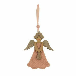 Ozdoba anděl dekor strom dřevěný s glitry růžovo-zlatý 11cm