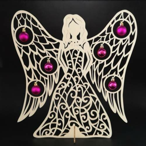 Ozdoba anděl s ozdobami 3D dřevěný přírodní 39x36cm