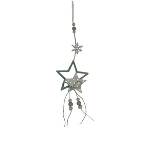 Ozdoba dřevěná hvězda s hvězdou/vločkou a korálky zeleno-šedá 8cm
