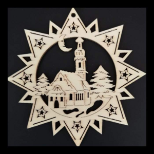 Ozdoba dřevěná hvězda s kostelem přírodní 9cm