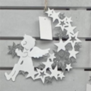 Ozdoba dřevěný anděl s hvězdami s glitry bílo-stříbrná 19,5cm