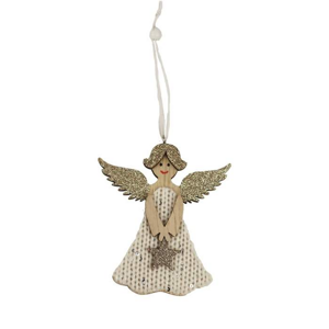 Ozdoba dřevěný anděl s hvězdou, vlnou a glitry bílý 11cm