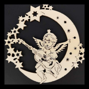 Ozdoba dřevěný anděl s kytarou sedící na měsíci přírodní 9cm