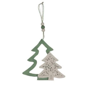 Ozdoba dřevěný strom s dekorem ornamentu zeleno-bílý 12cm