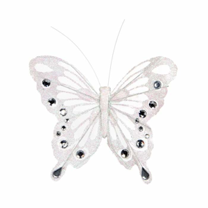 Ozdoba motýl organza s glitry 13,5cm bílá