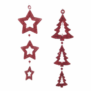 Ozdoba plastové hvězdy nebo stromy děrovaná s glitry 18cm červená