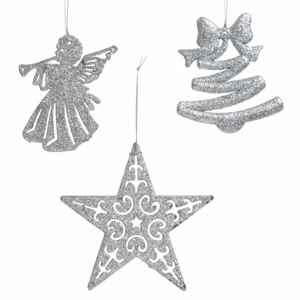 Ozdoba plastová s glitry anděl, hvězda nebo zvonek 10,5-13cm stříbrná mix