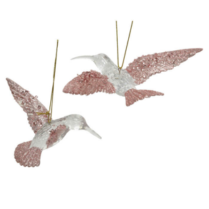Ozdoba plastový kolibřík s glitry růžovo-čirý 14cm
