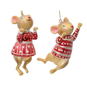 Ozdoba skleněná myš chlapec/dívka s glitry červeno-hnědá 13cm