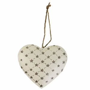 Ozdoba srdce kovové dekor hvězdy 10,5cm krémová