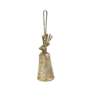 Ozdoba zvonek s jelenem kovový zlatý 15cm