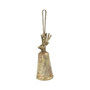 Ozdoba zvonek s jelenem kovový zlatý 20cm